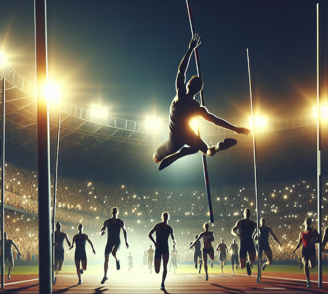 Atleta em salto com vara, saltando em direção a um batalhão de atletas que vem correndo na direção contrária